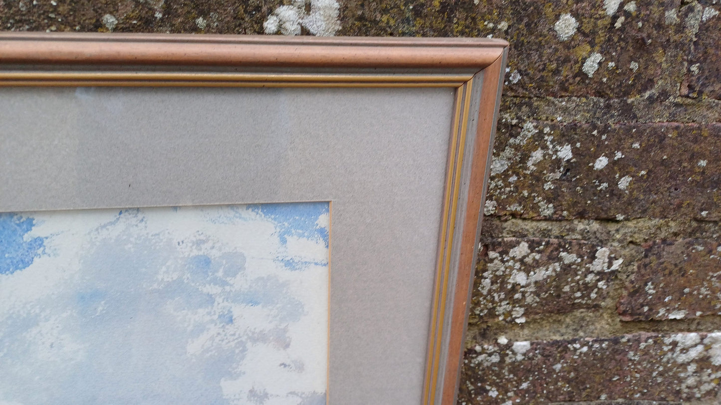 Vintage water colour of South Downs with a Sussex Windmill; landscape watercolour; Sussex painting, glazed vintage frame, large painting