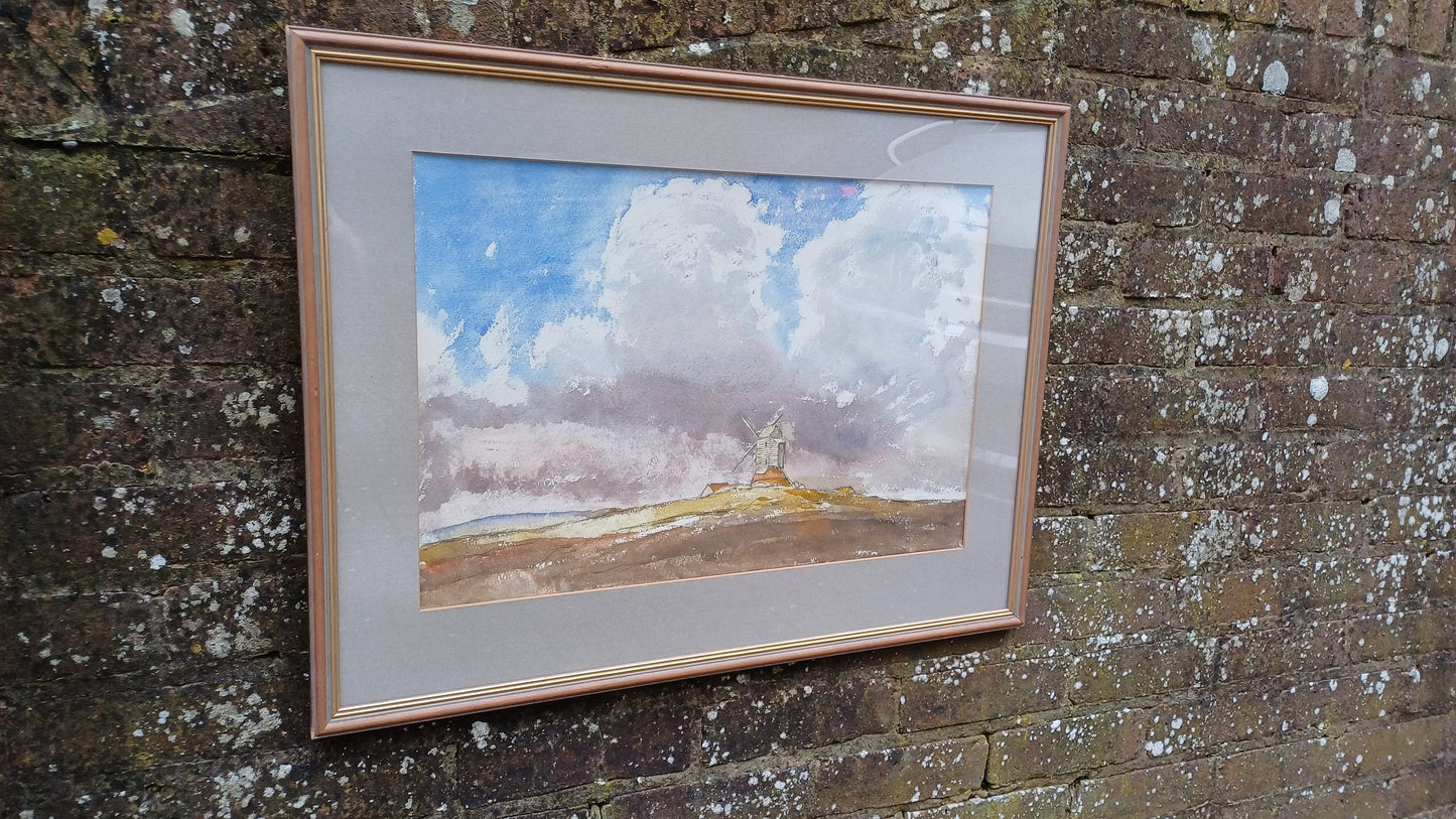 Vintage water colour of South Downs with a Sussex Windmill; landscape watercolour; Sussex painting, glazed vintage frame, large painting