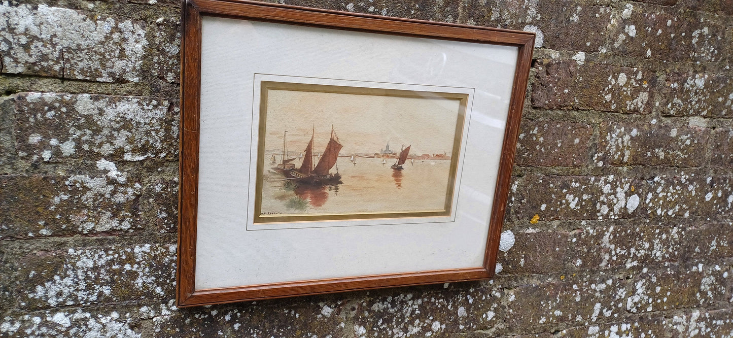original antique painting in watercolour of sail boats in a harbour or estuary; lovely muted browns and oranges