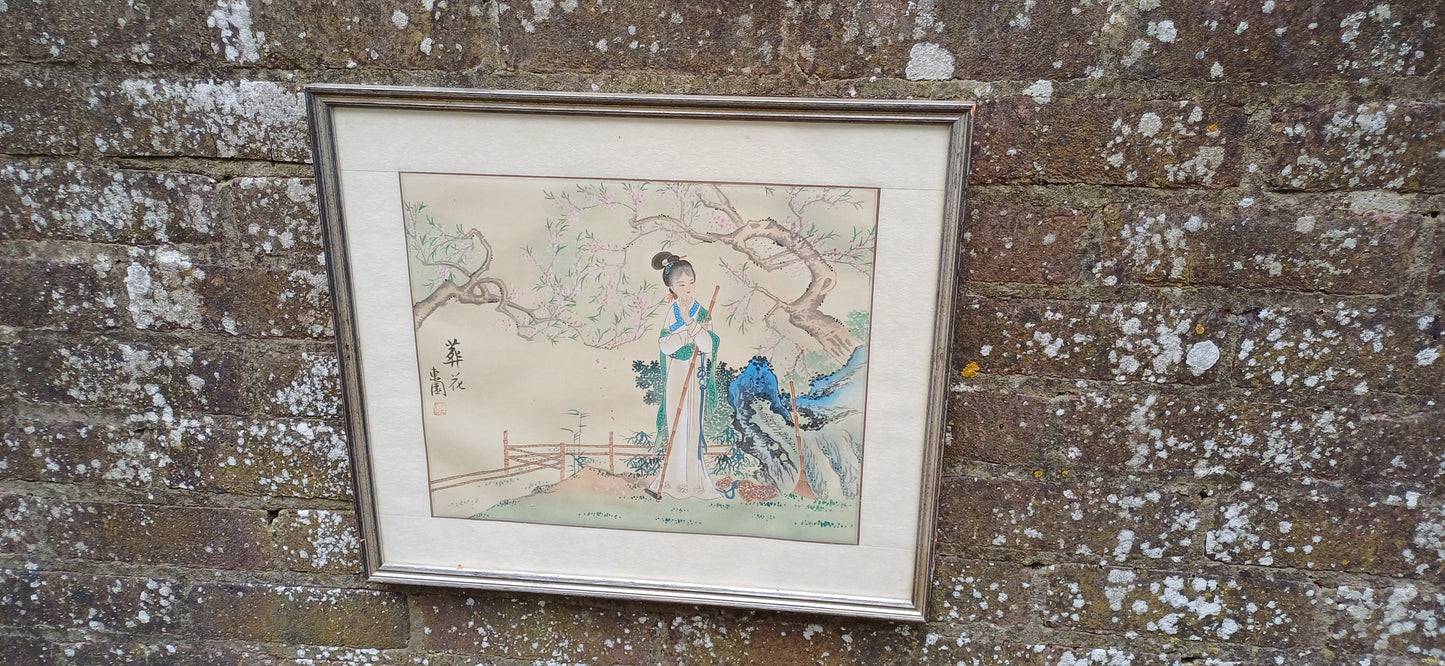 Vintage Japanese Art - painting on silk - Funeral Flowers - exquisite detail and quality, material mount and vintage glazed frame