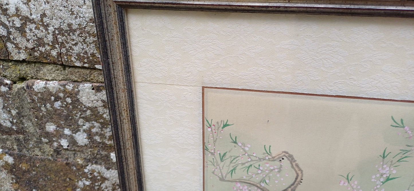 Vintage Japanese Art - painting on silk - Funeral Flowers - exquisite detail and quality, material mount and vintage glazed frame