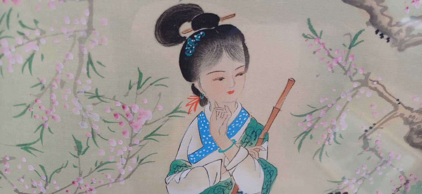 Vintage Japanese Art - painting on silk - Funeral Flowers - exquisite detail and quality, material mount and vintage glazed frame