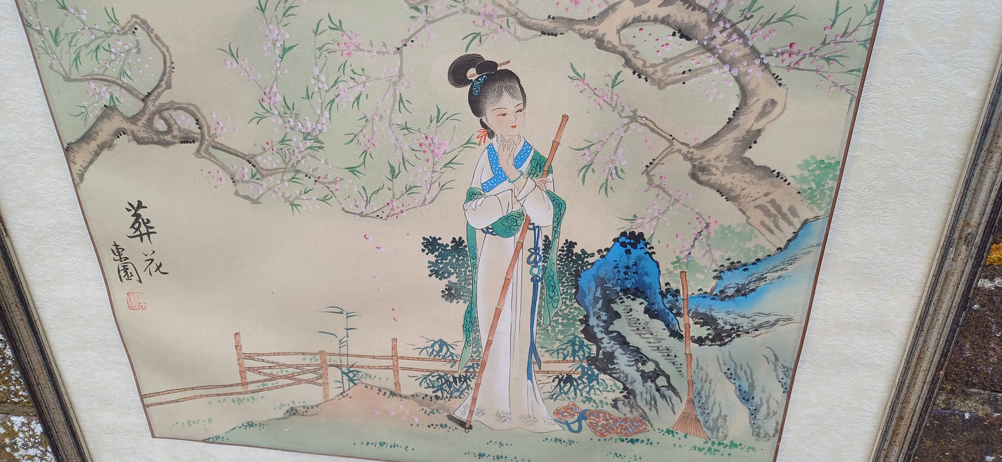 Vintage Japanese Art - painting on silk - Funeral Flowers - exquisite detail and quality, material mount and vintage glazed frame