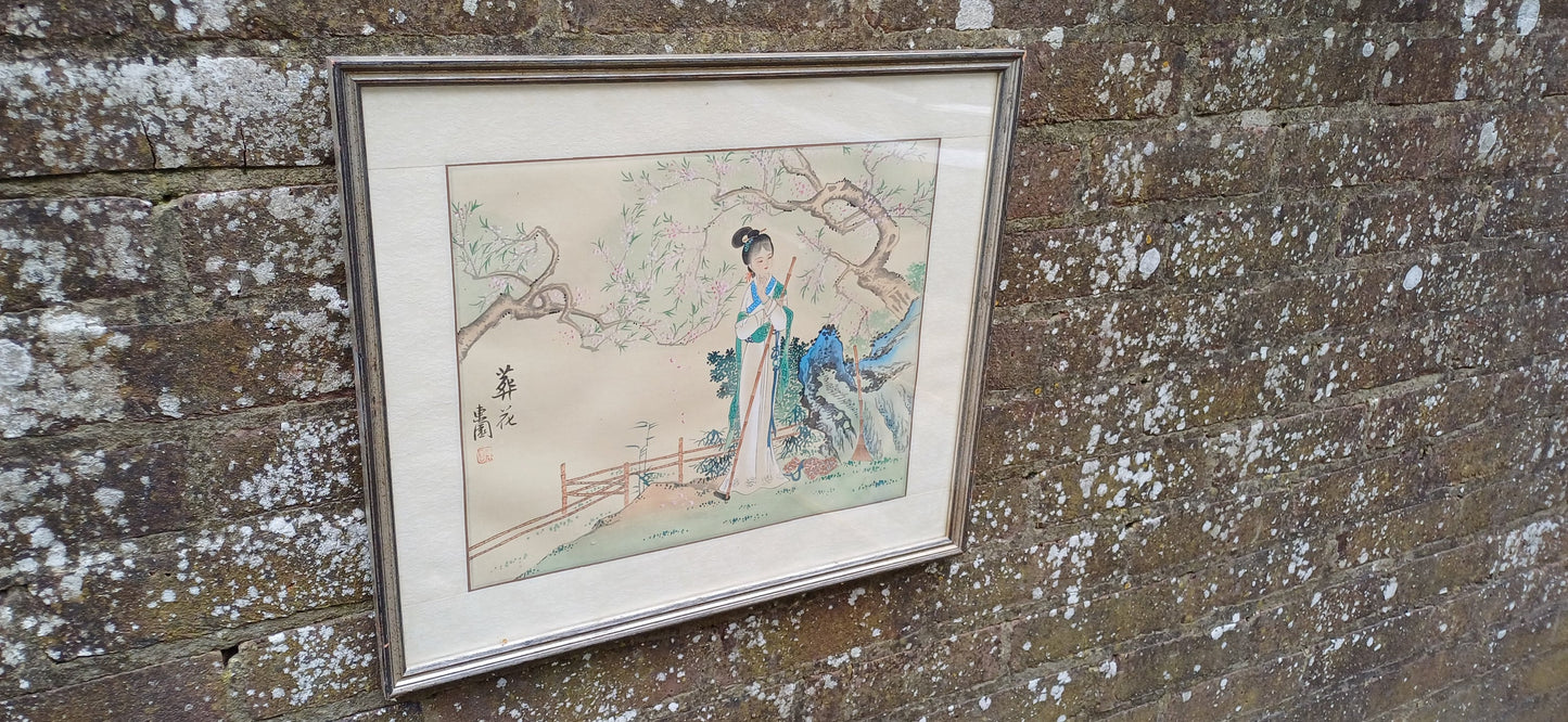 Vintage Japanese Art - painting on silk - Funeral Flowers - exquisite detail and quality, material mount and vintage glazed frame