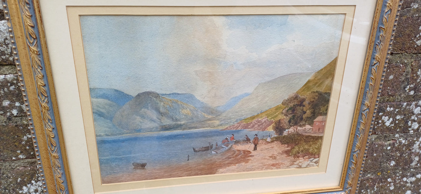 Original vintage watercolour of fishing scene, Wales Welsh valley and bay possibly? mountains sea, fishing, boats, original vintage painting