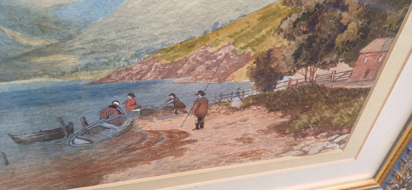 Original vintage watercolour of fishing scene, Wales Welsh valley and bay possibly? mountains sea, fishing, boats, original vintage painting