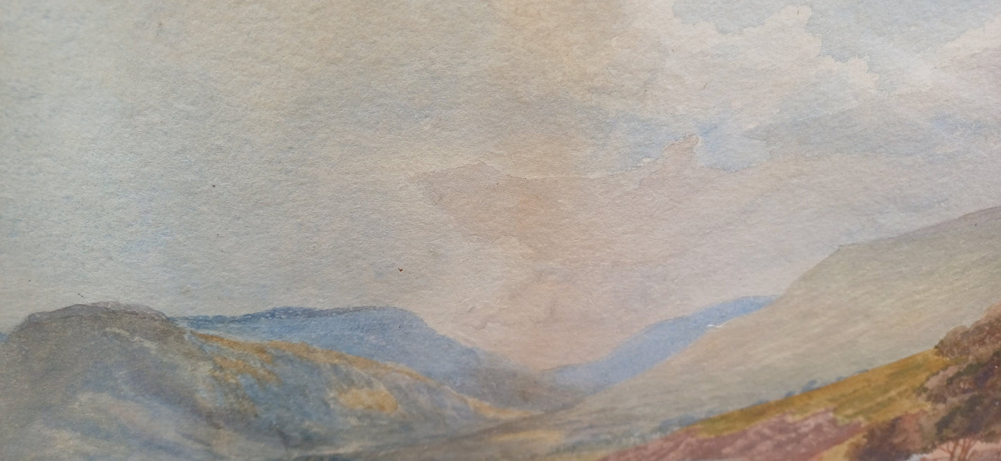Original vintage watercolour of fishing scene, Wales Welsh valley and bay possibly? mountains sea, fishing, boats, original vintage painting