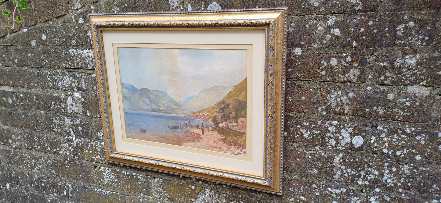 Original vintage watercolour of fishing scene, Wales Welsh valley and bay possibly? mountains sea, fishing, boats, original vintage painting