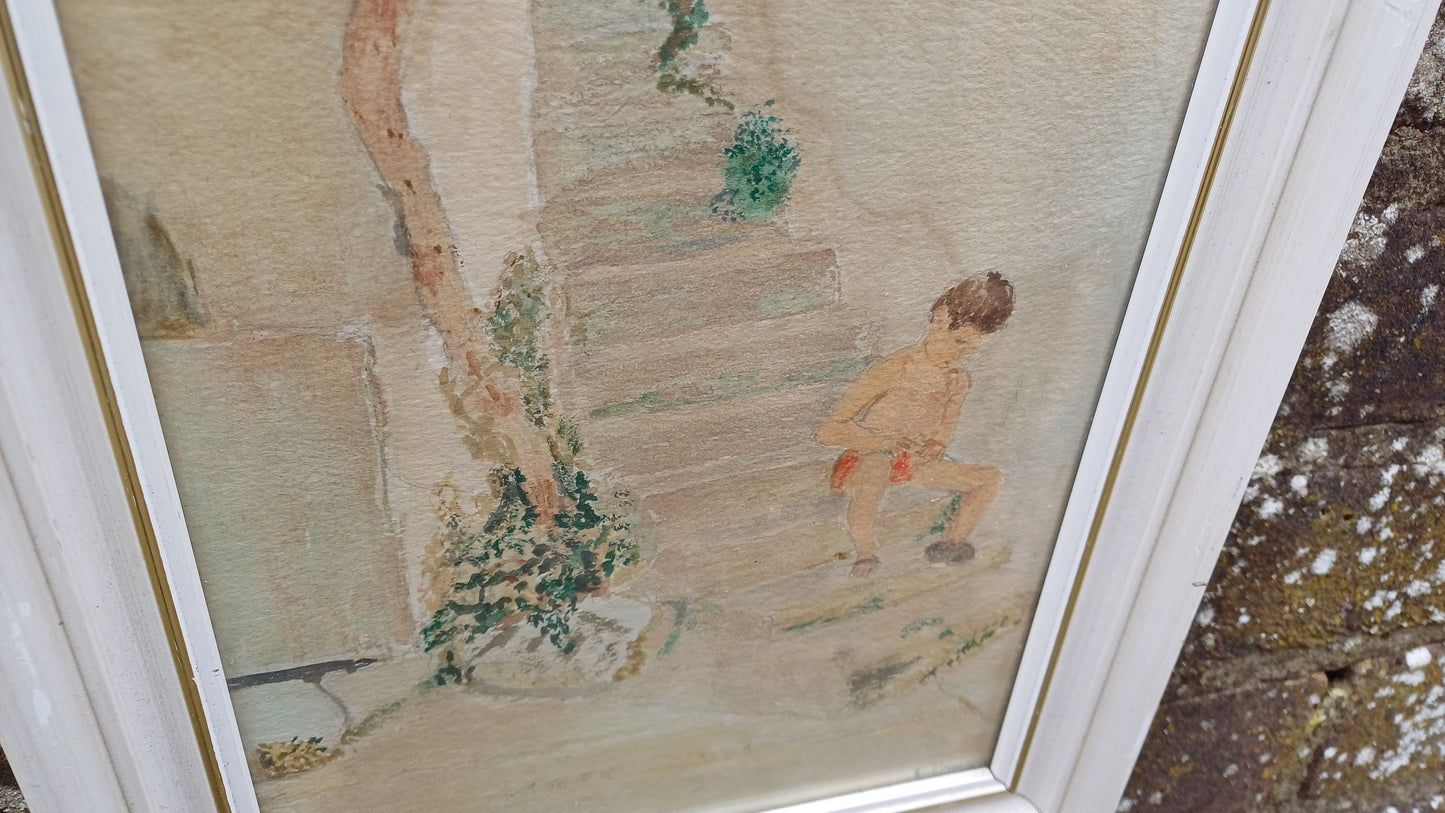 Vintage watercolour of a Mediterranean Village scene, boy on steps enjoying hot weather. Small vertical painting in glazed retro frame.