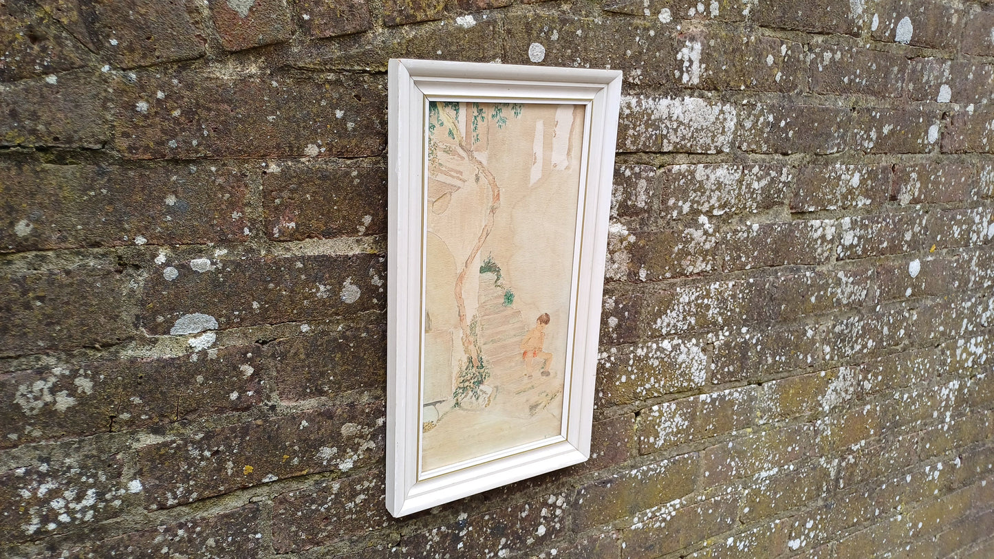 Vintage watercolour of a Mediterranean Village scene, boy on steps enjoying hot weather. Small vertical painting in glazed retro frame.