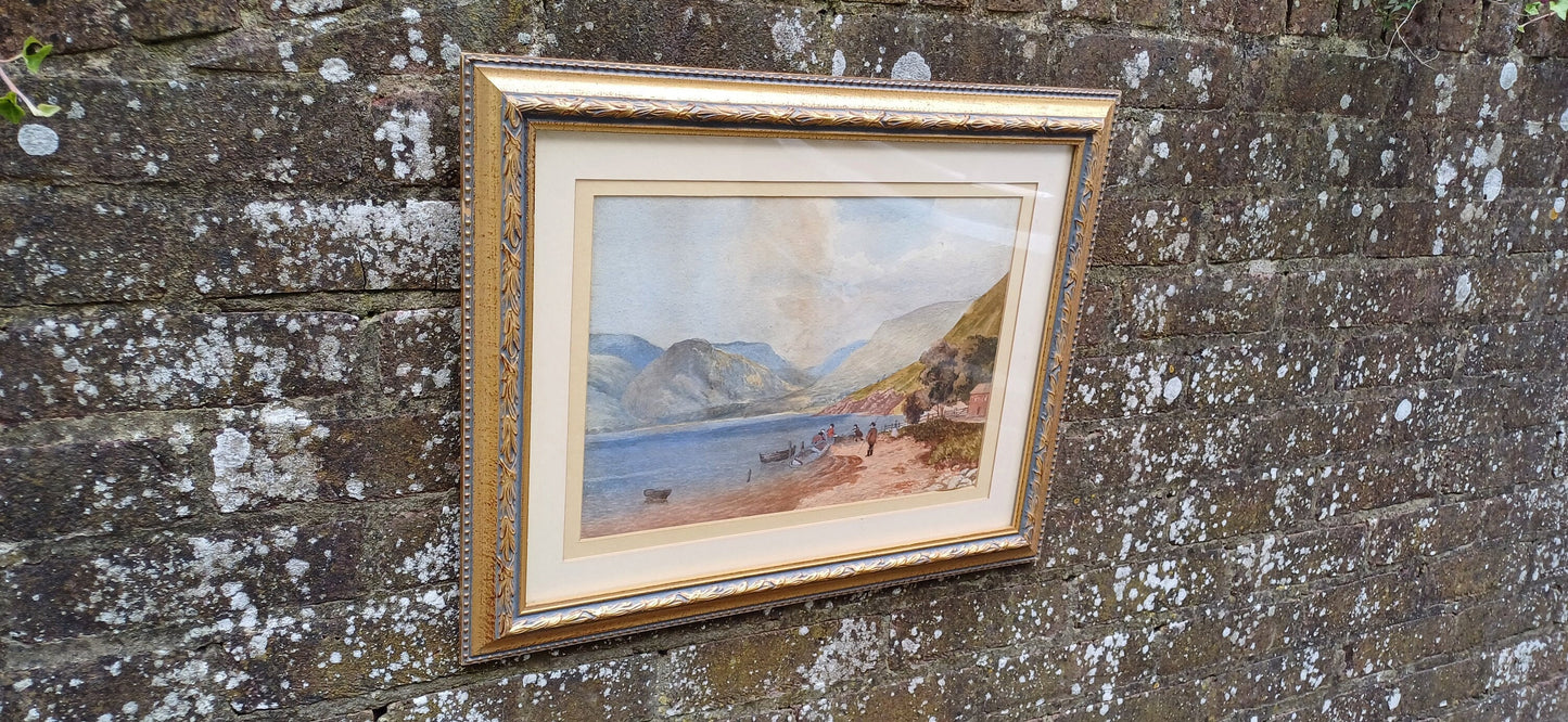 Welsh valley and bay scene; fishing row boats and traditional wear. Lovely mountains in the distance, beach in the foreground
