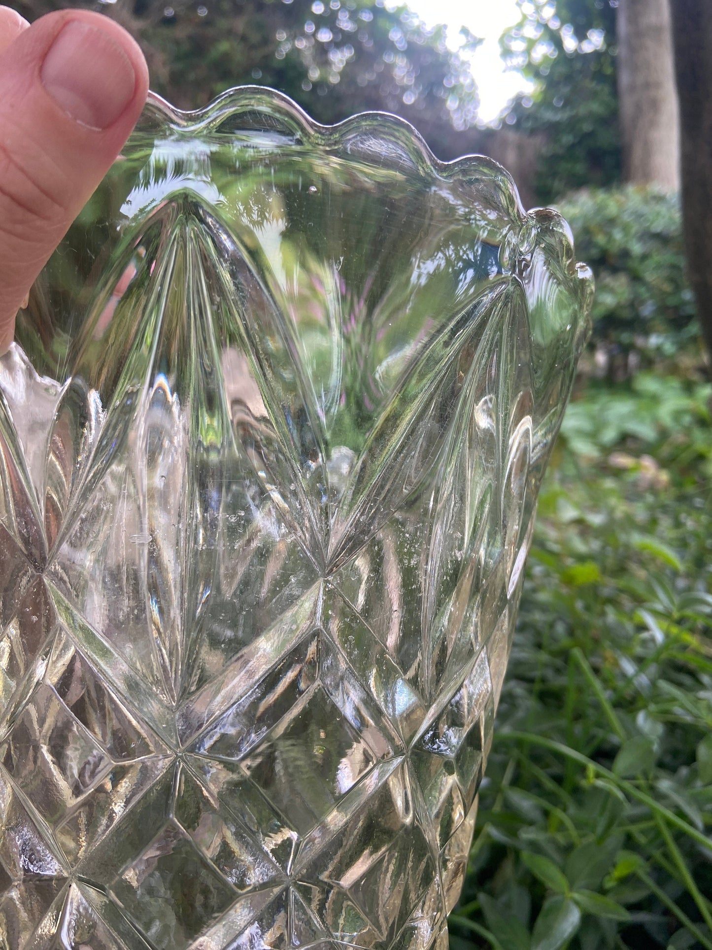 Large vintage pressed glass flower vase - attractive design, large flower vase, glass vintage vase
