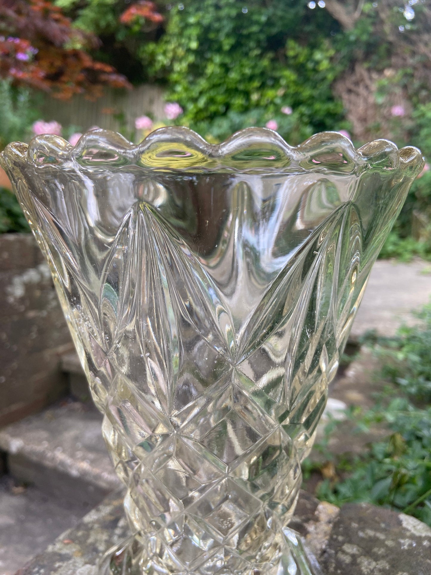 Large vintage pressed glass flower vase - attractive design, large flower vase, glass vintage vase