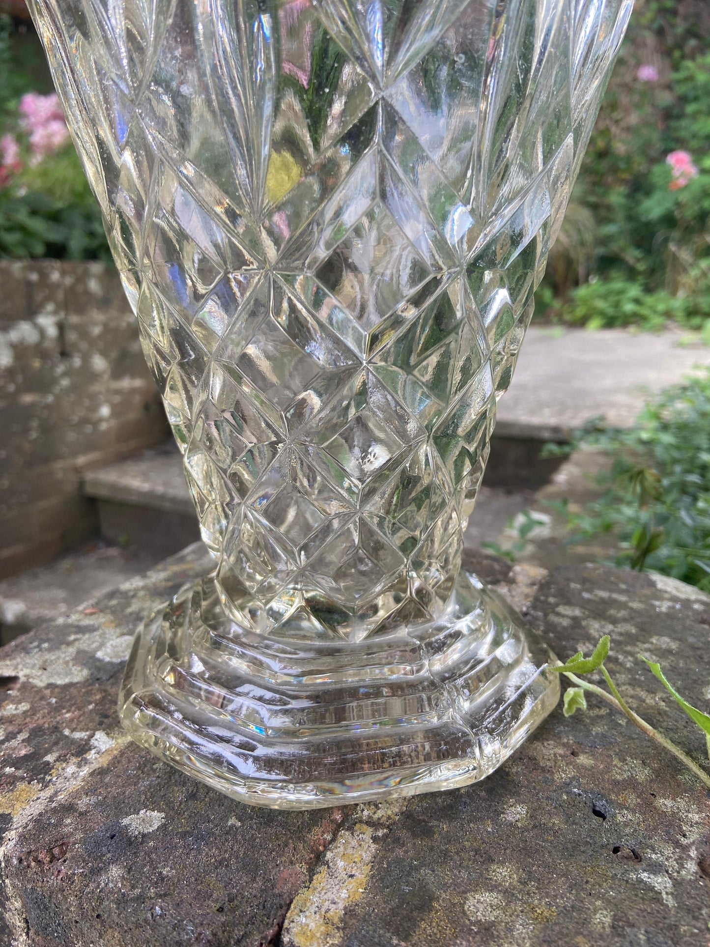 Large vintage pressed glass flower vase - attractive design, large flower vase, glass vintage vase