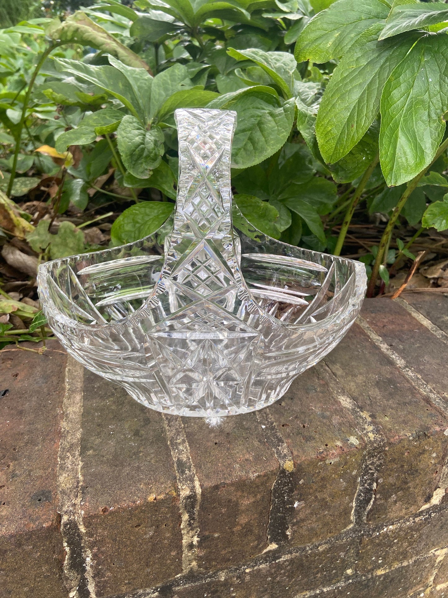 Vintage heavy crystal glass basket bowl - great for fruit, flowers, or a table display, good size, excellent condition