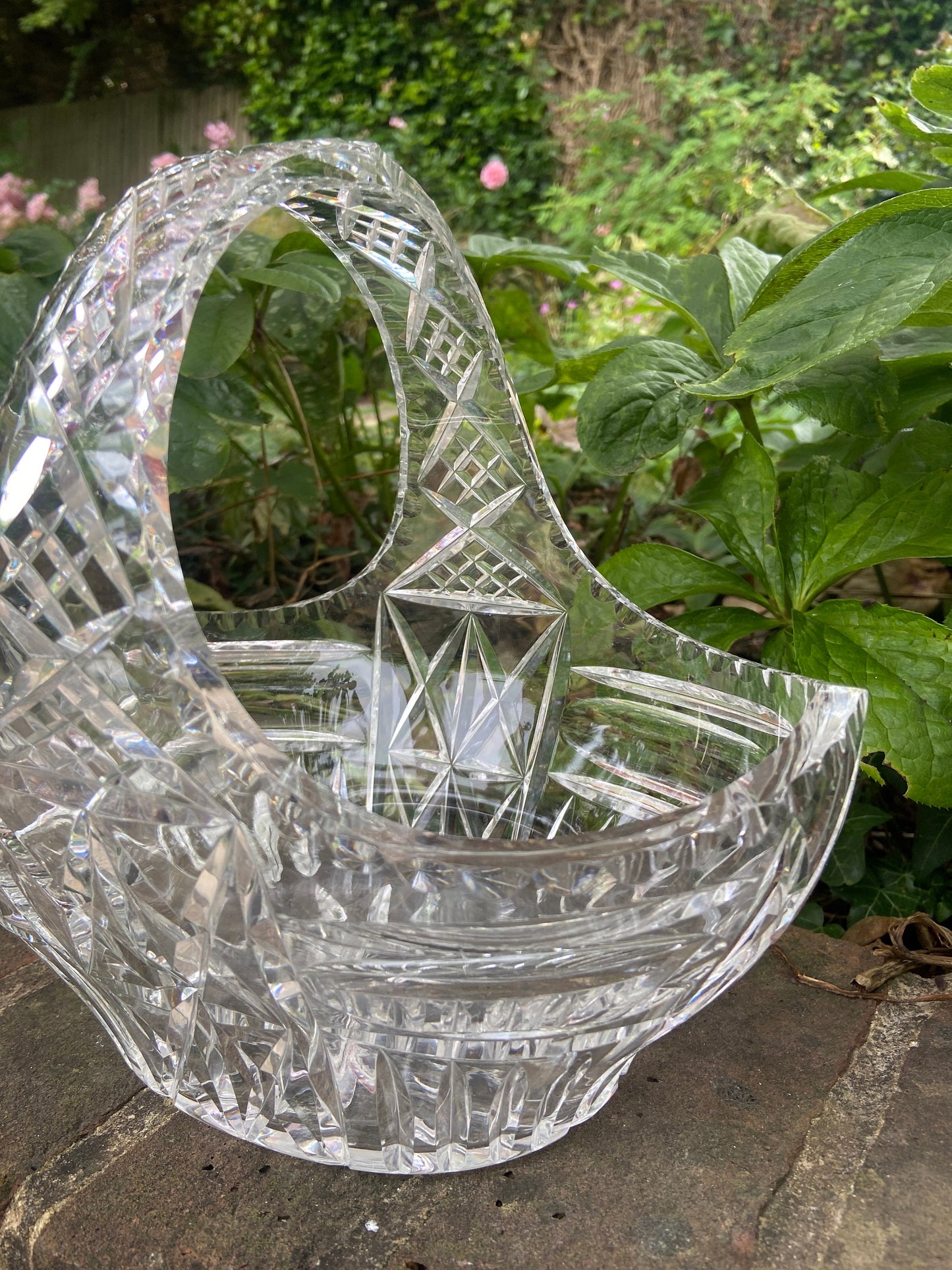 Vintage heavy crystal glass basket bowl - great for fruit, flowers, or a table display, good size, excellent condition