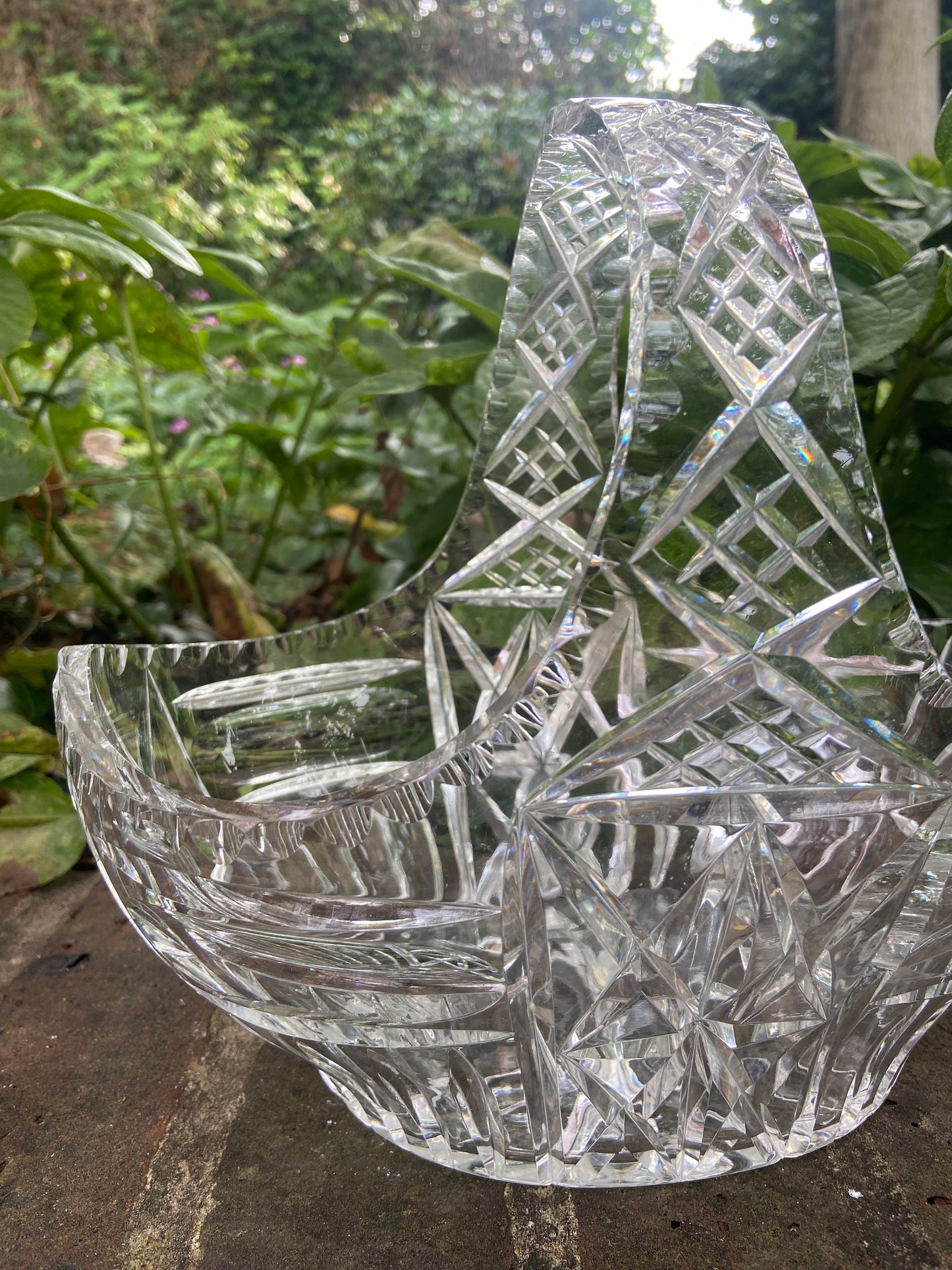 Vintage heavy crystal glass basket bowl - great for fruit, flowers, or a table display, good size, excellent condition