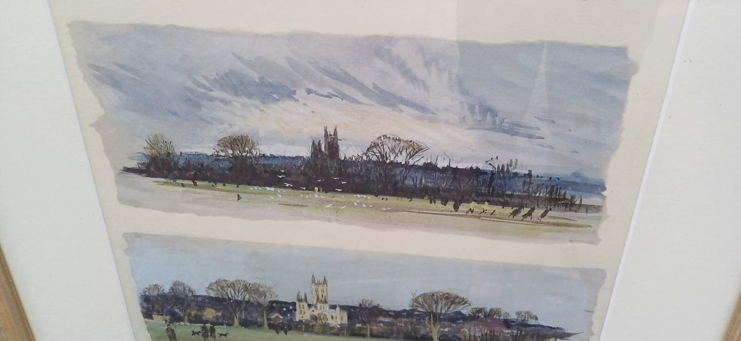 Vintage Canterbury Cathedral by day and night watercolour sketches by John Boyle in glazed vintage painted frame, trio of paintings