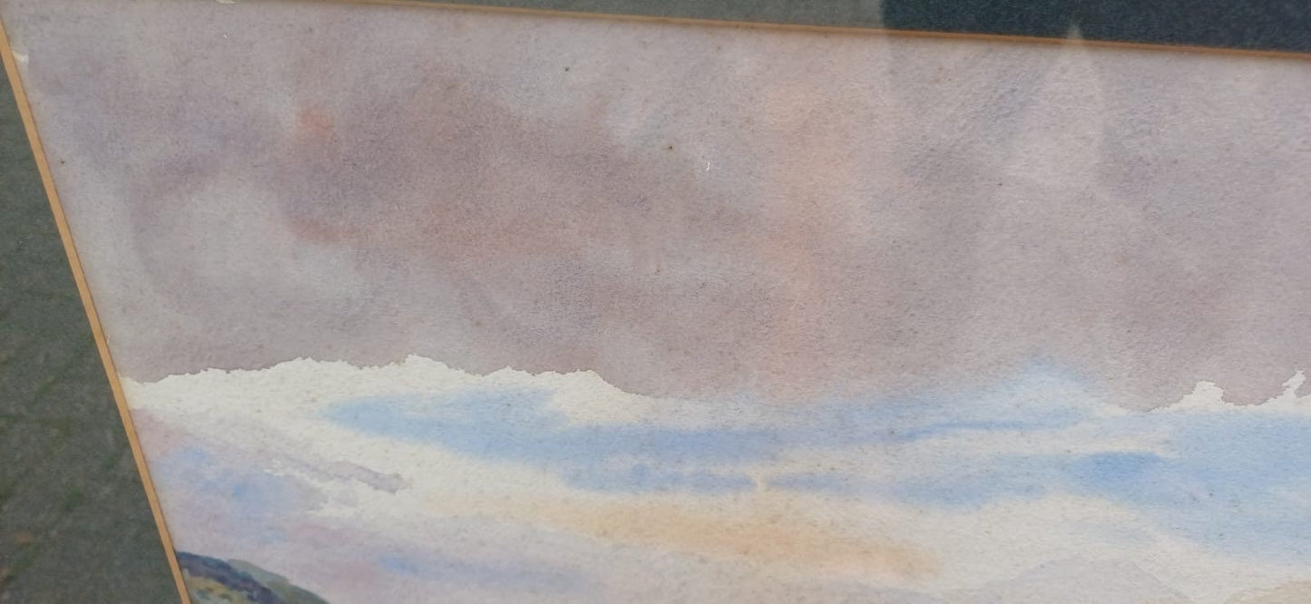 Vintage black gesso frame with a landscape watercolour painting, original vintage painting in vintage black glazed frame, early 1900s