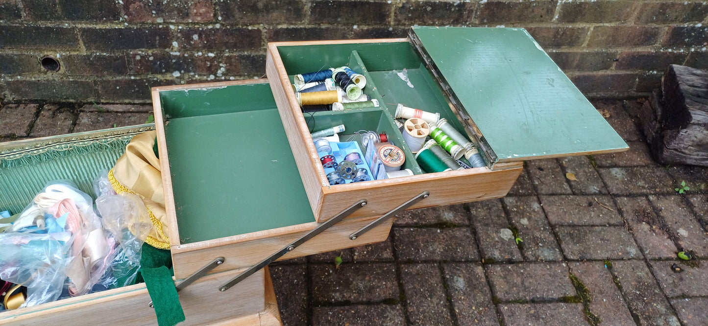 Vintage Retro Hand Stripped Mid 20th Century Beech Expanding Workbox Needlepoint Needlework Storage.