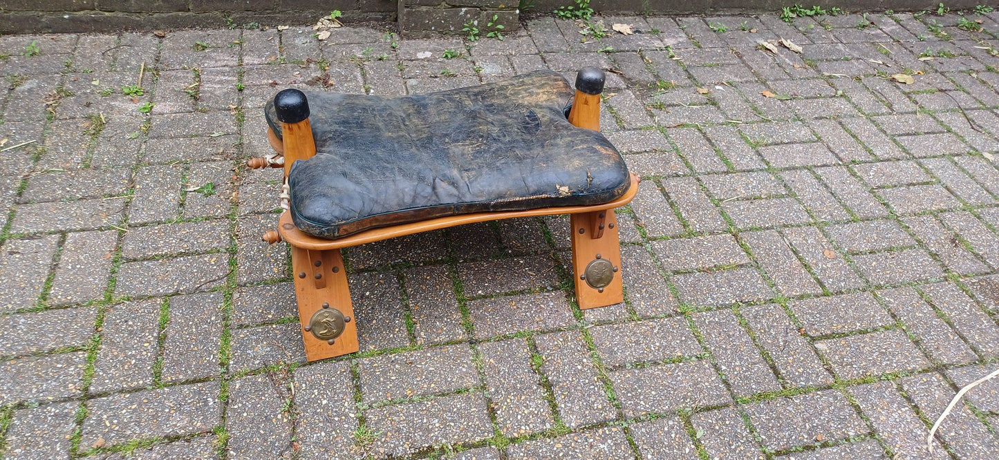 Wonderful Vintage Wooden Camel Stool with Age Worn Leather Cushion