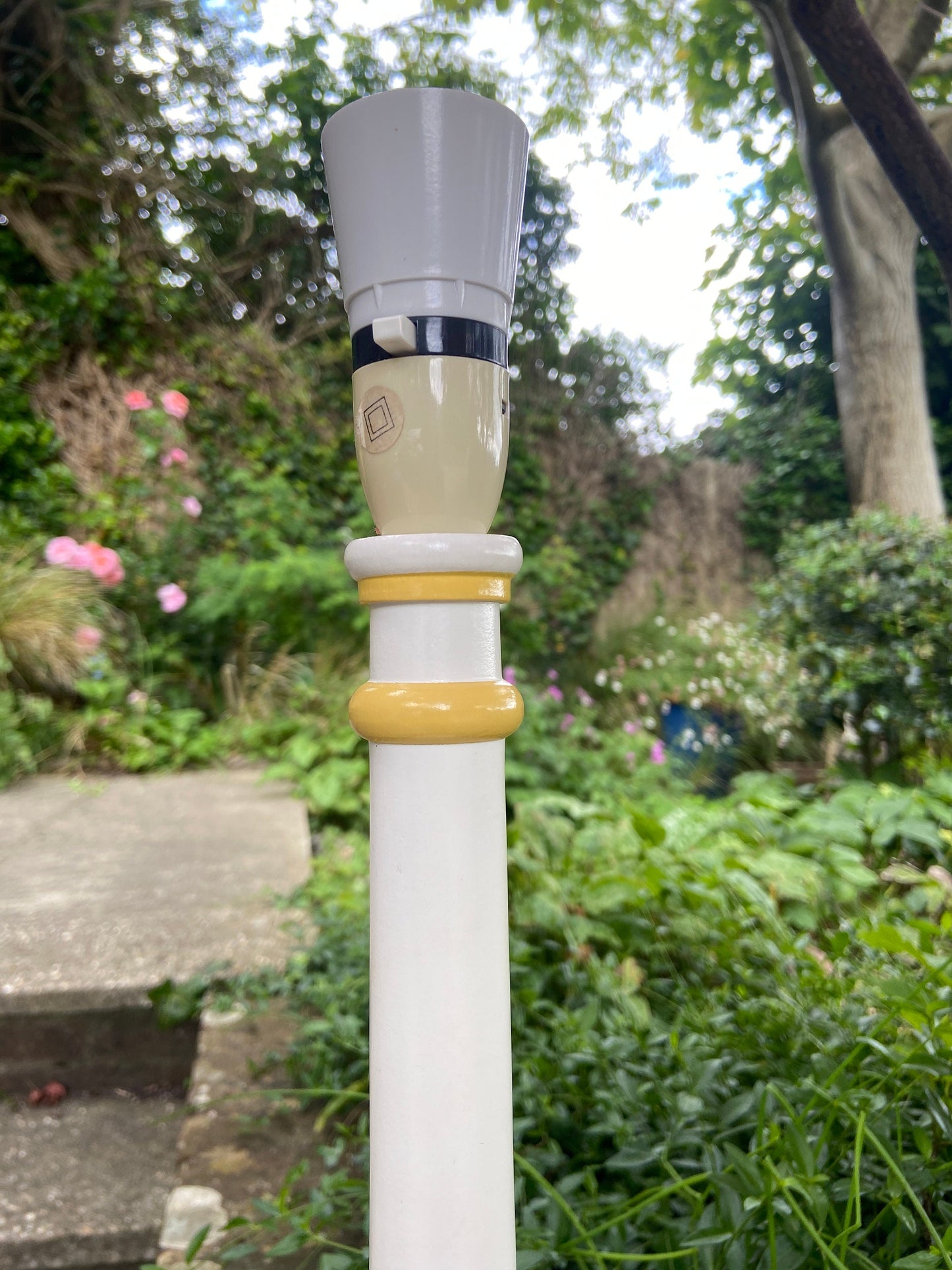 Vintage Laura Ashley painted wooden yellow striped and cream/white vintag table lamp
