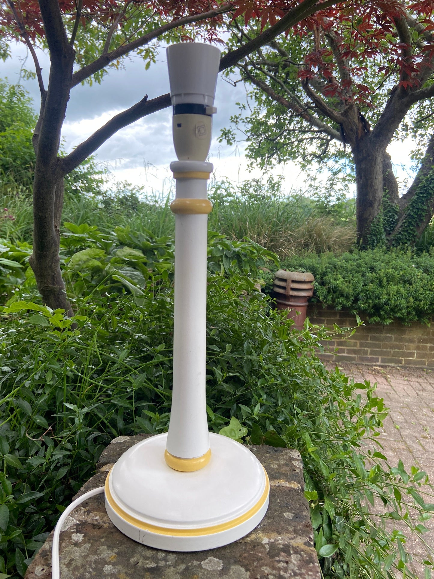 Vintage Laura Ashley painted wooden yellow striped and cream/white vintag table lamp