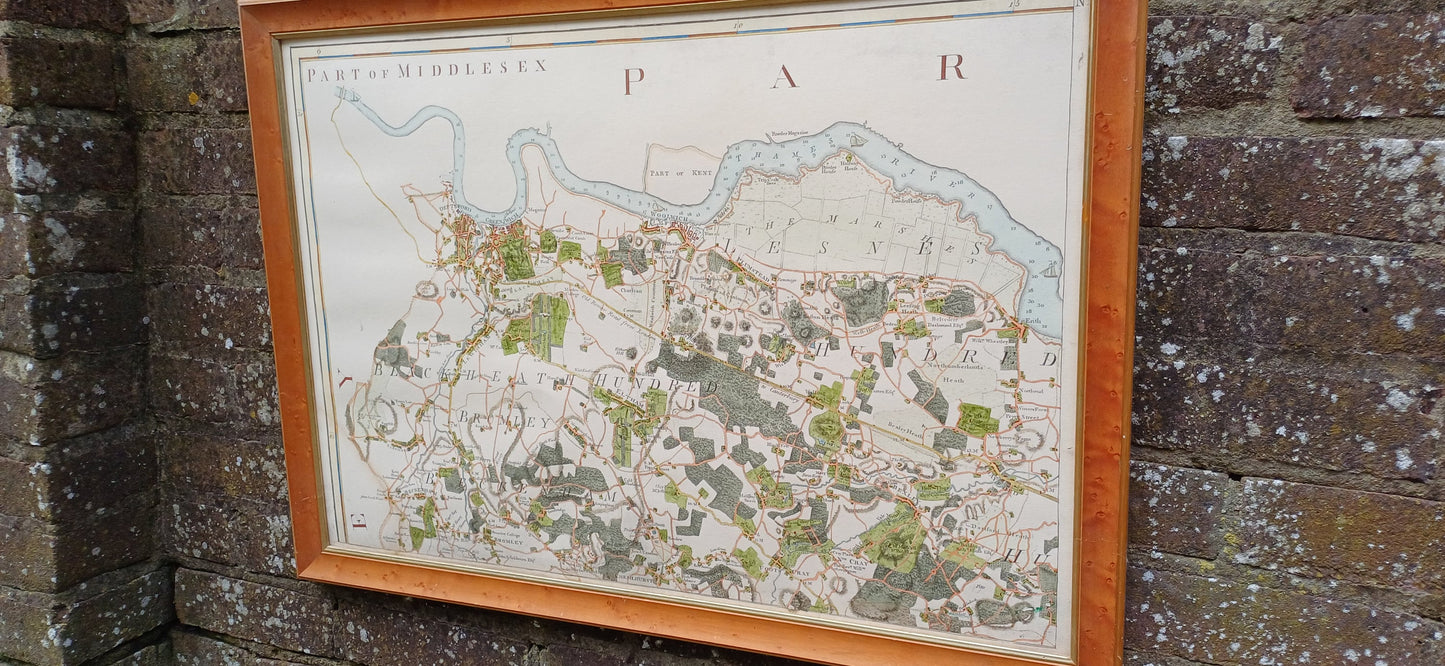 Vintage hand coloured reproduction of original engraving of a Map of Middlesex (part), vintage map print