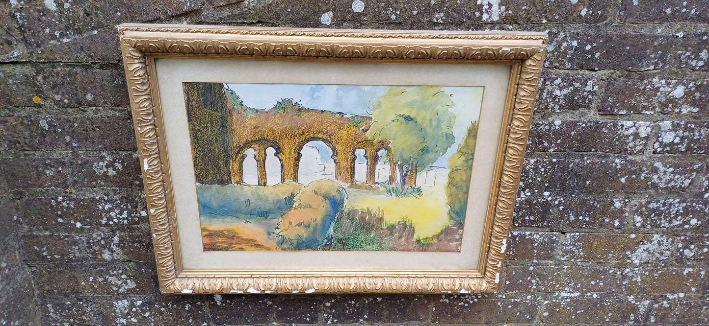 Large 1968 Mixed Media Painting Boxgrove Priory Chichester Sussex. Joyce Barnett. Tasteful Victorian Gilt Frame.