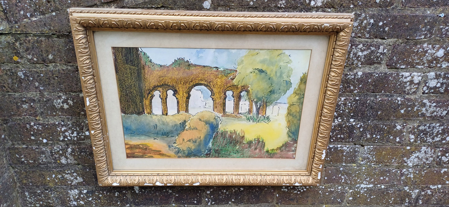 Large 1968 Mixed Media Painting Boxgrove Priory Chichester Sussex. Joyce Barnett. Tasteful Victorian Gilt Frame.