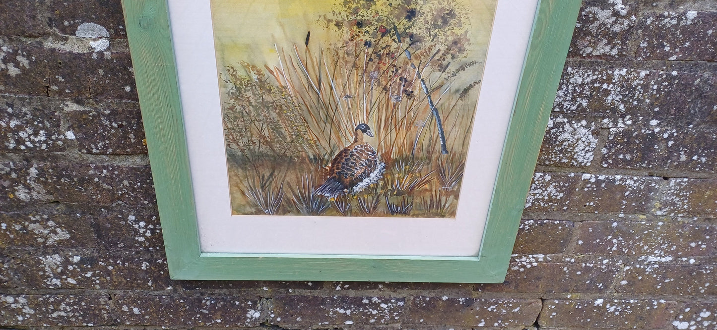 Vintage framed watercolour painting of a female pheasant; original watercolour painting of a bird; green painted wooden vintage frame