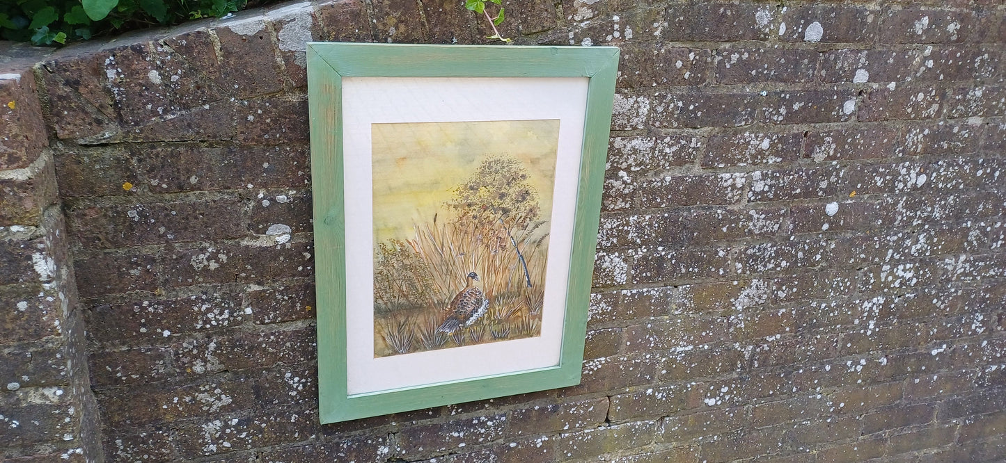 Vintage framed watercolour painting of a female pheasant; original watercolour painting of a bird; green painted wooden vintage frame