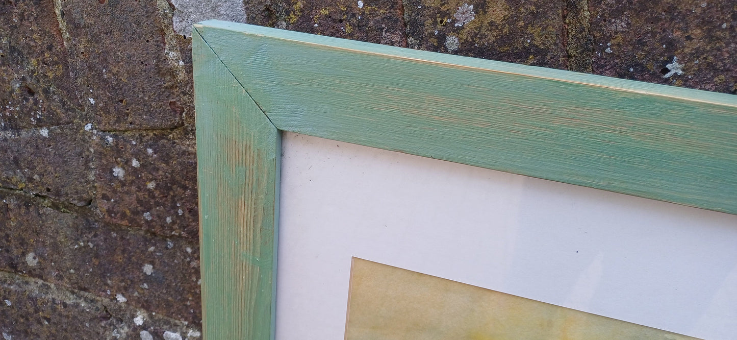 Vintage framed watercolour painting of a female pheasant; original watercolour painting of a bird; green painted wooden vintage frame
