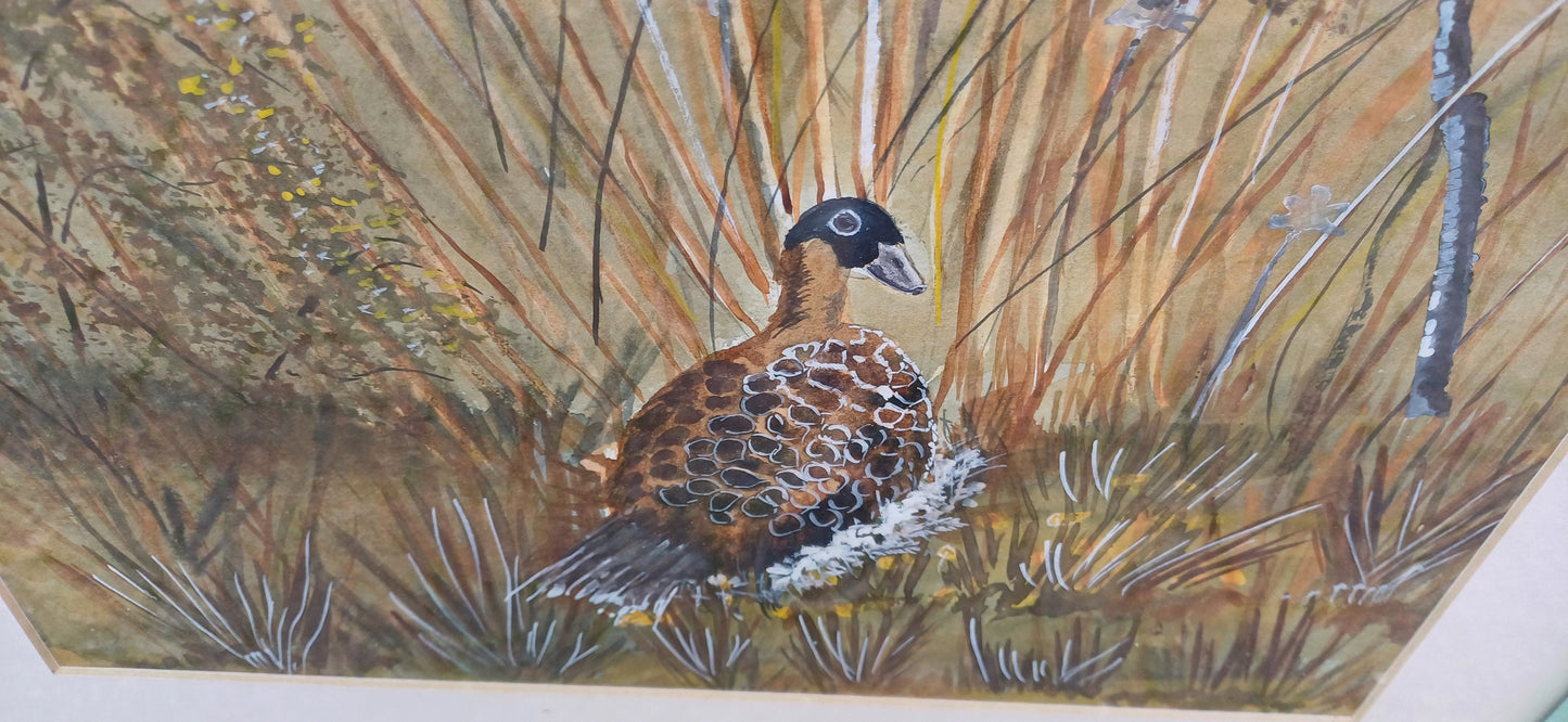 Vintage framed watercolour painting of a female pheasant; original watercolour painting of a bird; green painted wooden vintage frame