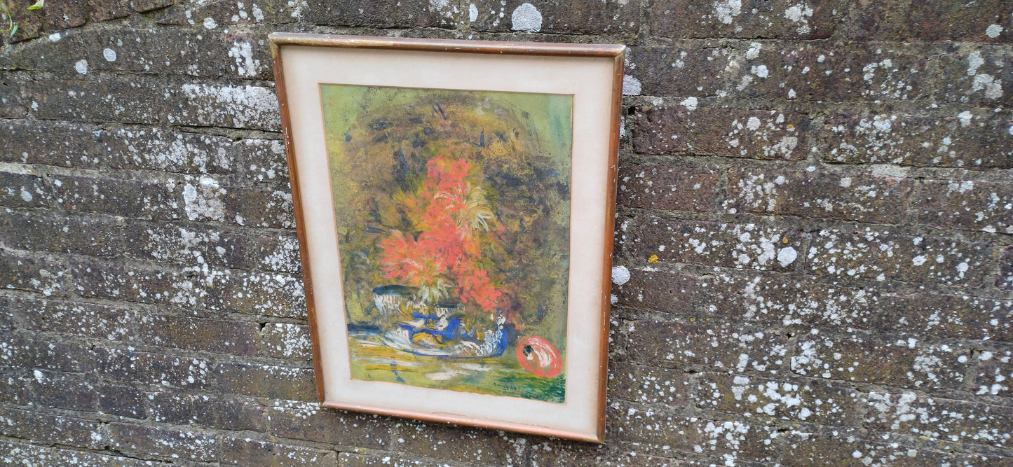 an abstract oil painting of a still life flower scene; very attractive in bold oranges, yellows blues, reds, greens. mounted in an off white card mount and the frames in a vintage shabby chic gold and wood frame