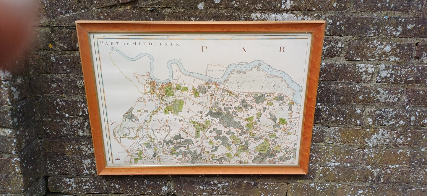 hand coloured copy of an original engraving of a map; of a part of Middlesex. framed in vintage frame, no glass