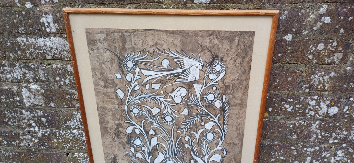 Unusual Earthy retro mixed media artwork - country rustic ethnic style - black and white design , print works, in glazed vintage frame