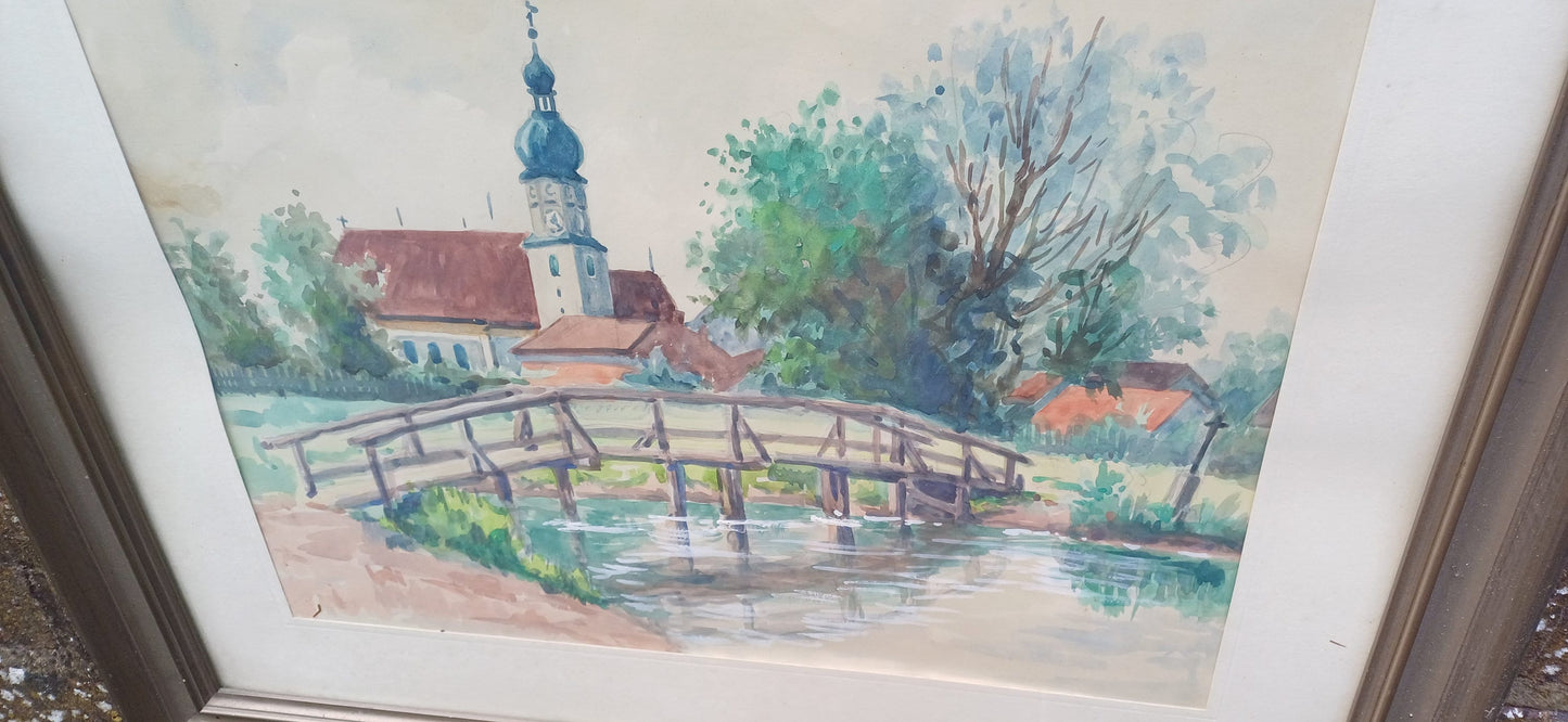 Vintage watercolour painting, original artwork, European town scene with river in foreground - framed and mounted in vintage glazed frame