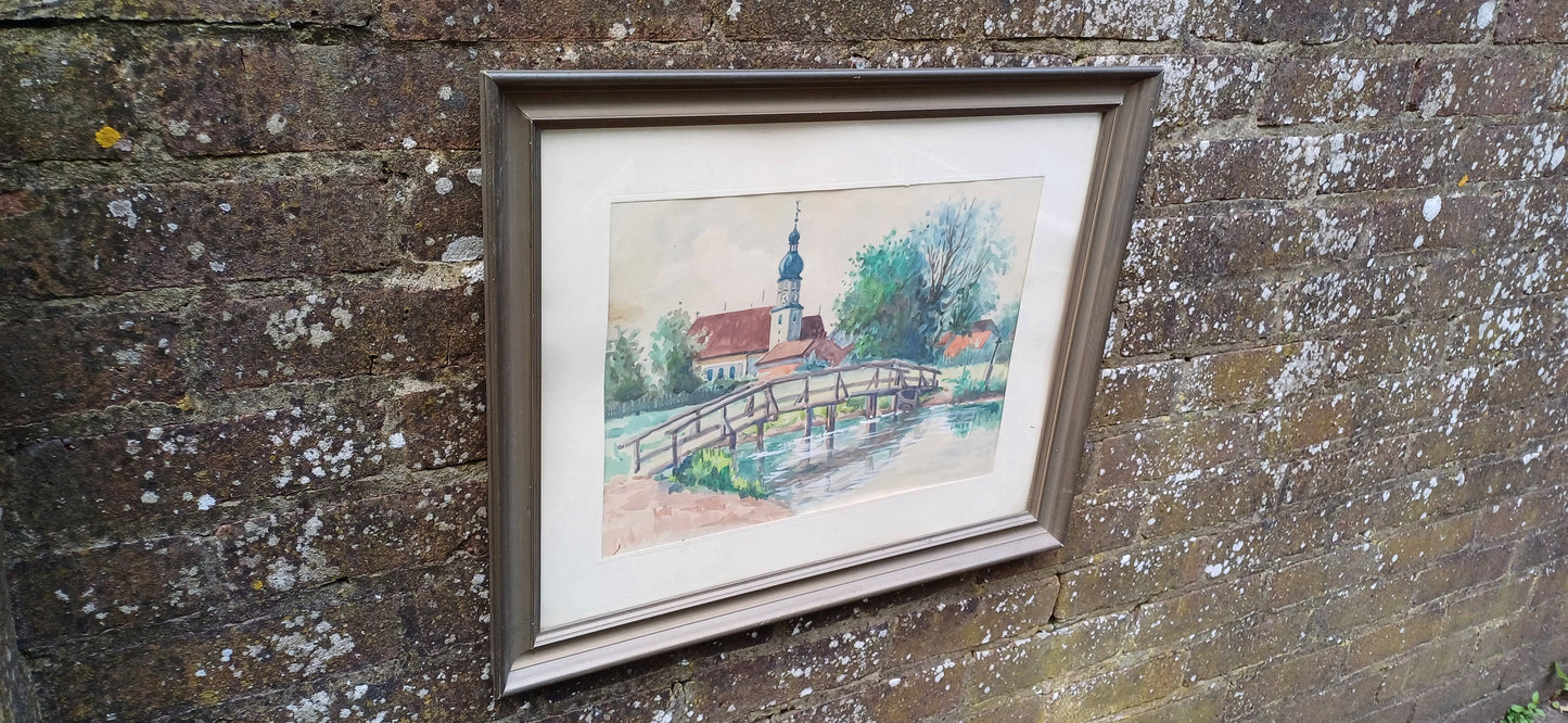 Vintage watercolour painting, original artwork, European town scene with river in foreground - framed and mounted in vintage glazed frame