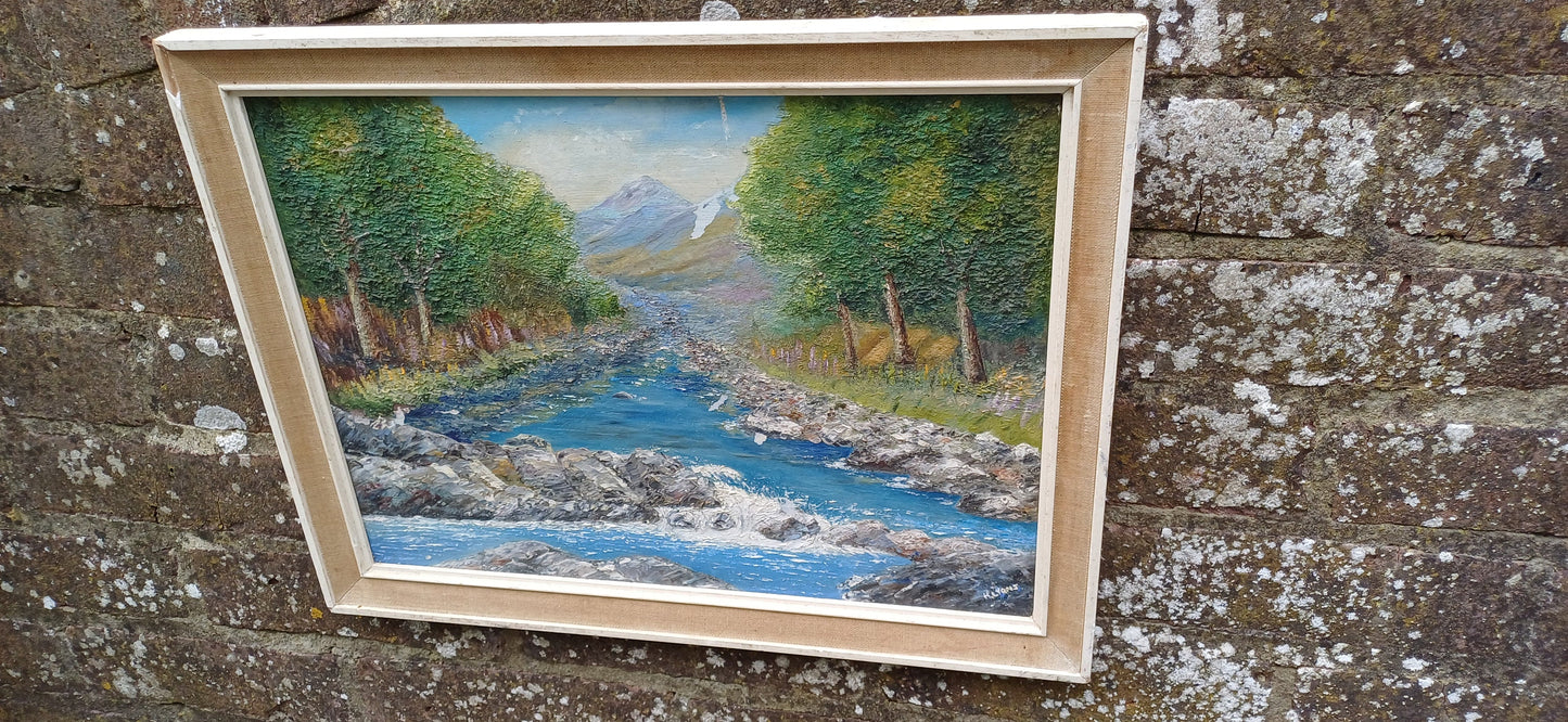 Original mid century oil painting of The Pass of Lyon, Glen Lyon, Scotland - painted by H. Lyans - delightful Highland scene