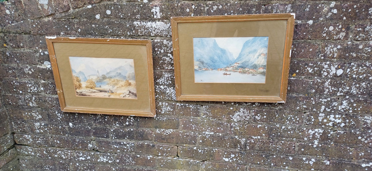 Two lovely vintage watercolours Austria & Switzerland, vintage gold mounts and gilt frames, vintage art, Convent Pfeffers, Hallstadter See