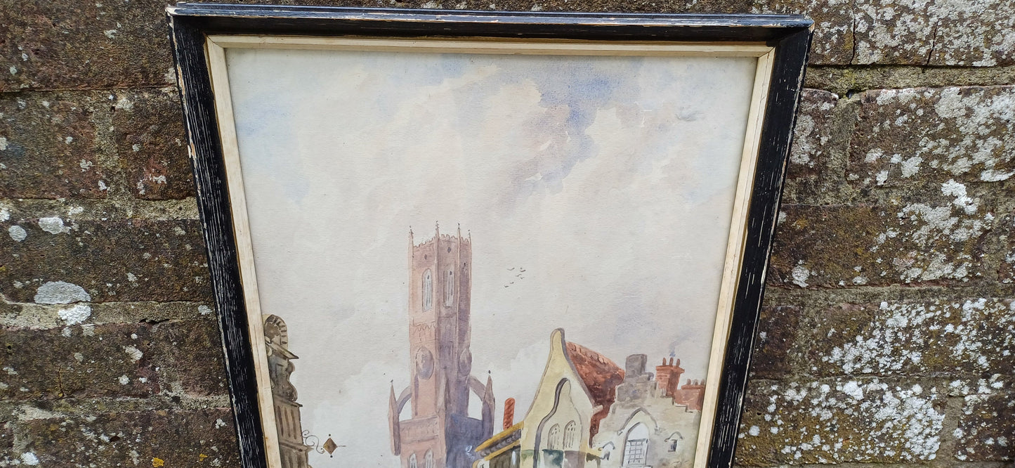 Superb pair of French Belgian Watercolours - Amiens and Bruges. Delightful. by A Stanton. Mid century Art. Framed and glazed, ready to hang