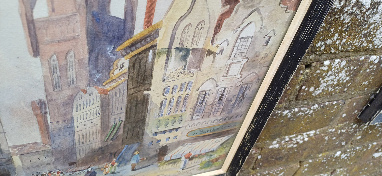 Superb pair of French Belgian Watercolours - Amiens and Bruges. Delightful. by A Stanton. Mid century Art. Framed and glazed, ready to hang
