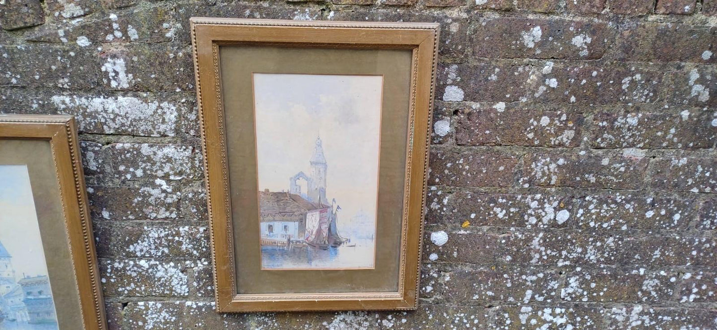 Vintage original watercolours of VENICE. Townscape scenes and water. Signed. Pair of paintings framed in gold painted vintage frames