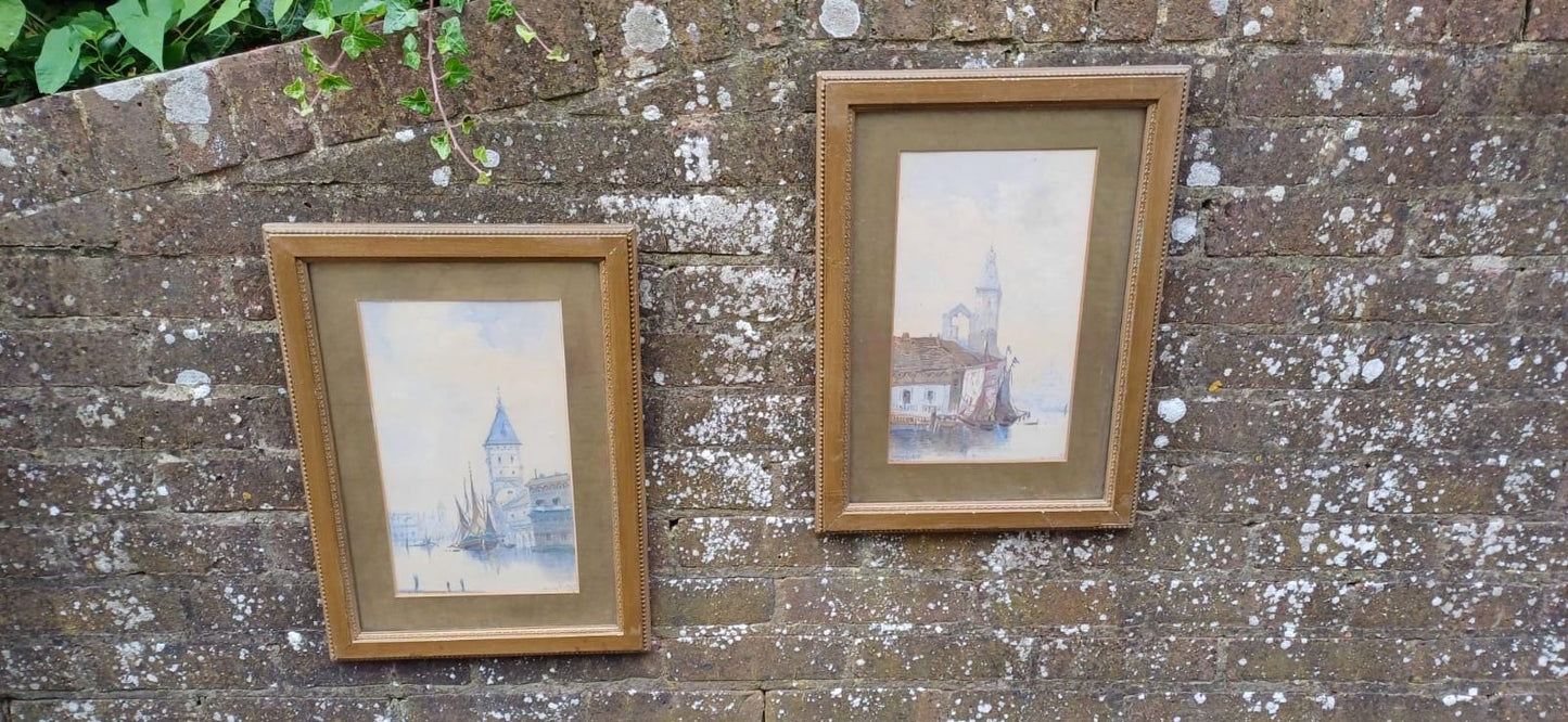 Vintage original watercolours of VENICE. Townscape scenes and water. Signed. Pair of paintings framed in gold painted vintage frames