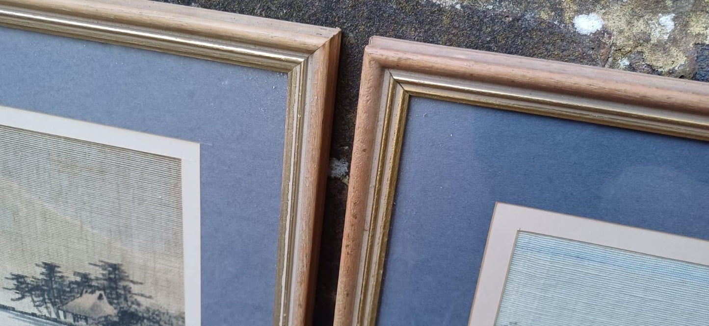 Three Vintage Japanese Paintings on Silk - Mount Fuji - three pictures, vintage glazed frames, blues greys browns