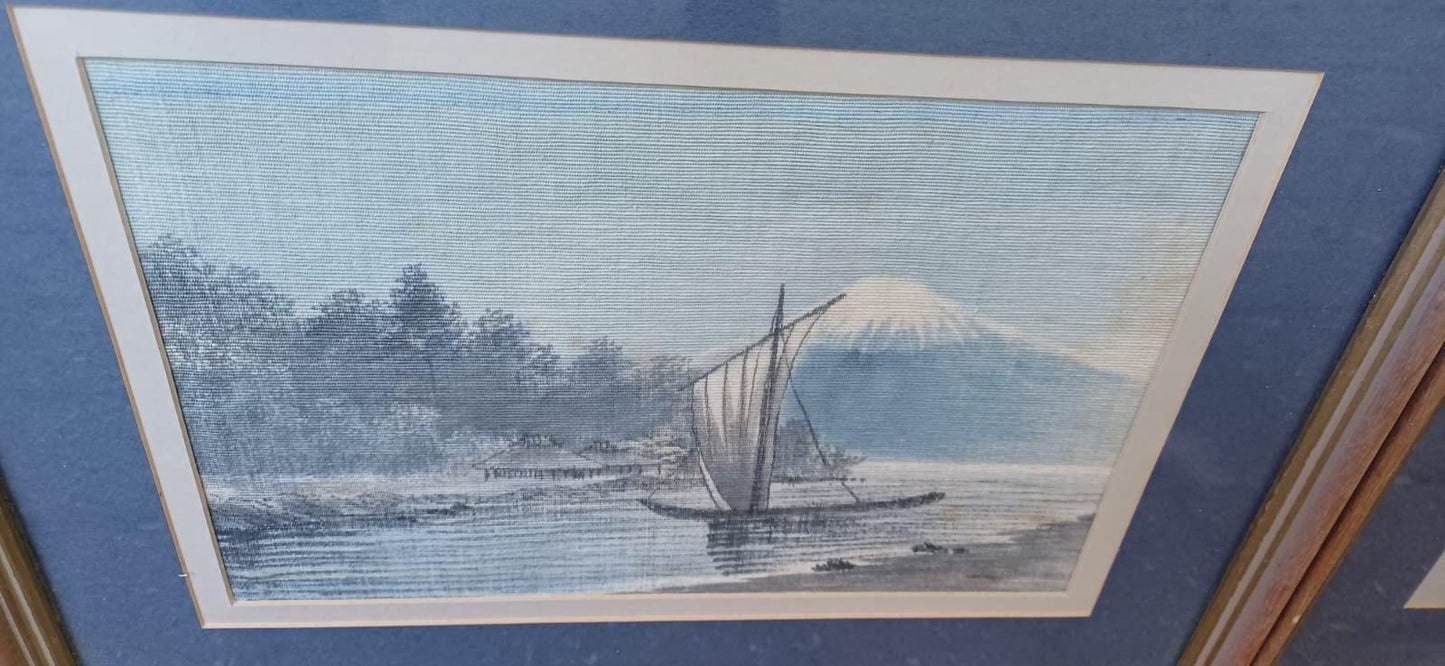Three Vintage Japanese Paintings on Silk - Mount Fuji - three pictures, vintage glazed frames, blues greys browns