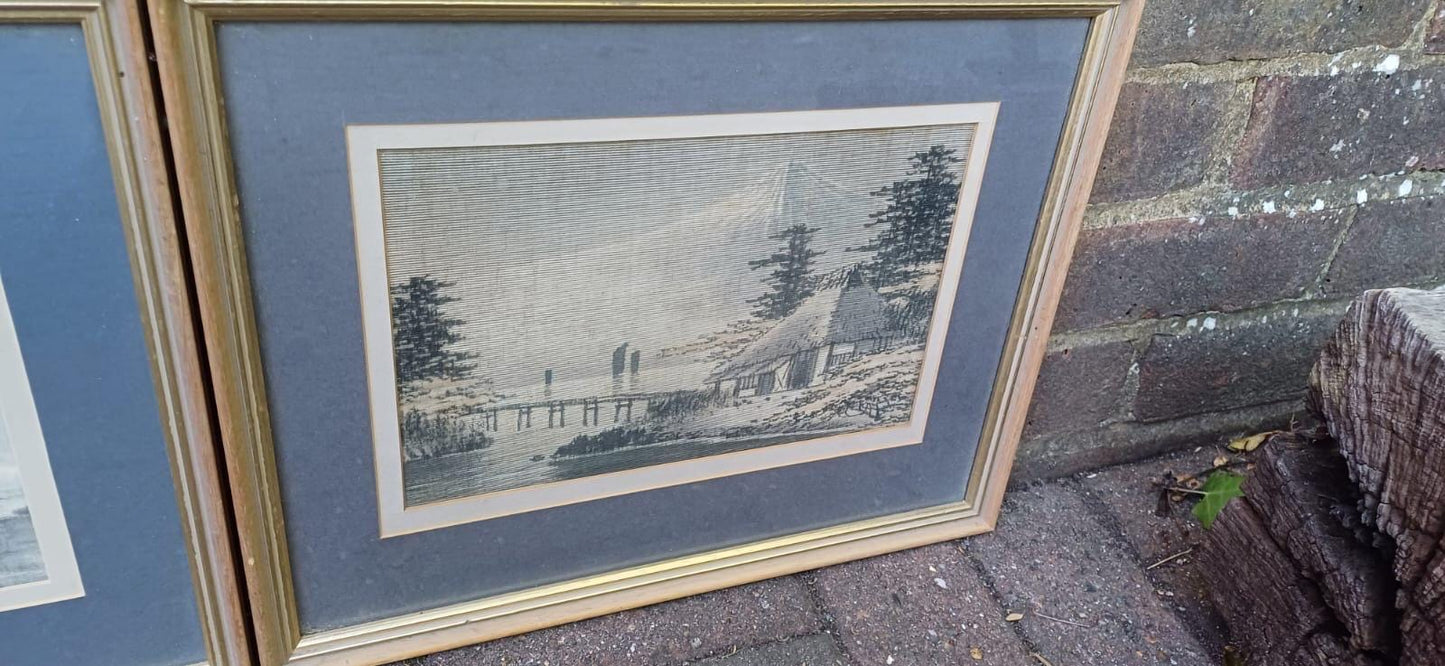 Three Vintage Japanese Paintings on Silk - Mount Fuji - three pictures, vintage glazed frames, blues greys browns