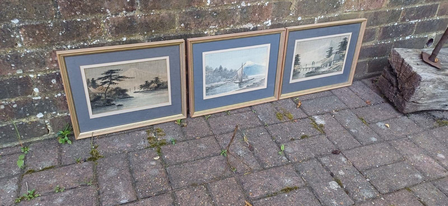 Three Vintage Japanese Paintings on Silk - Mount Fuji - three pictures, vintage glazed frames, blues greys browns