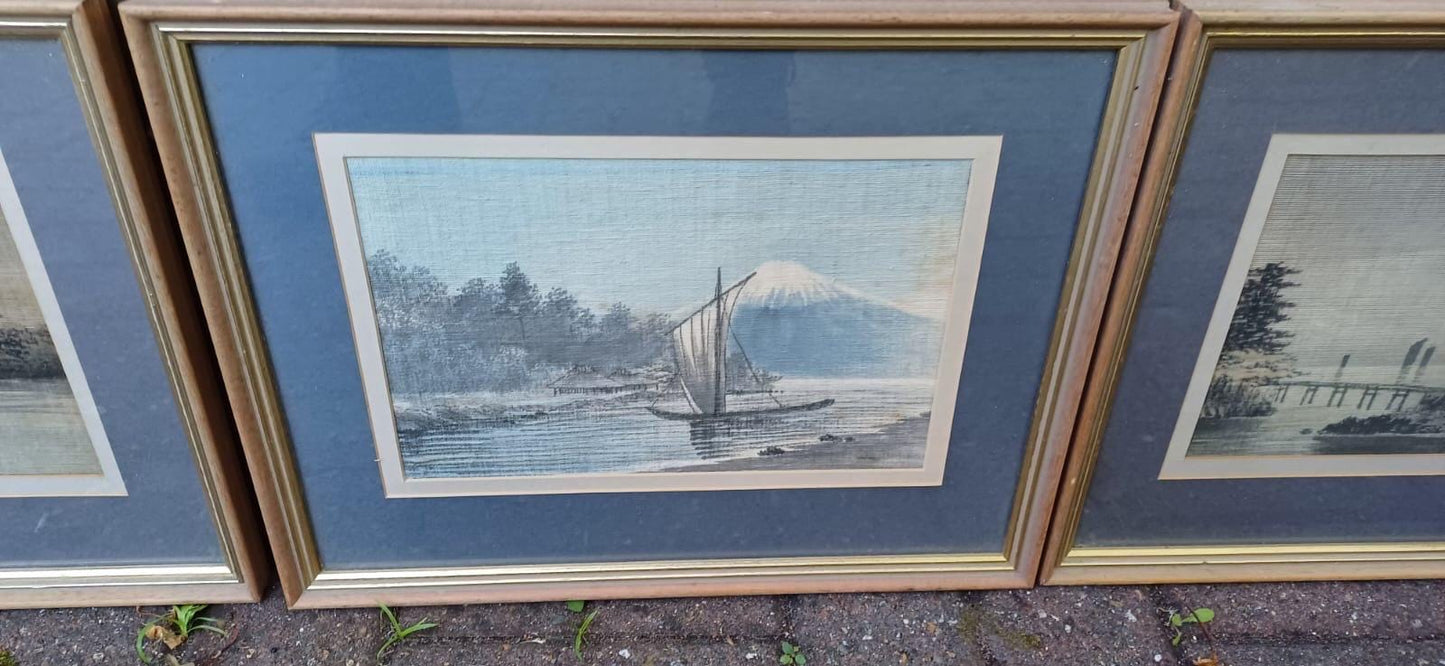 Three Vintage Japanese Paintings on Silk - Mount Fuji - three pictures, vintage glazed frames, blues greys browns